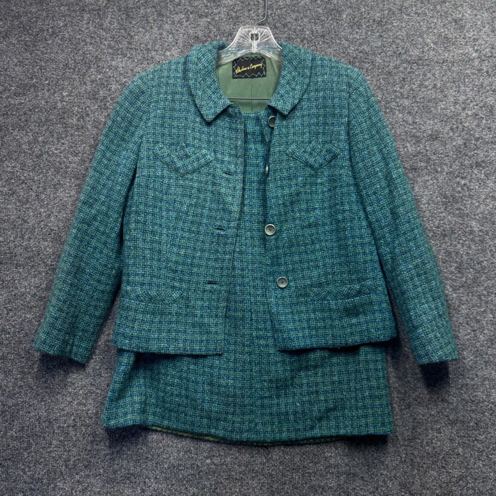 Davidow 1940's Skirt Suit Set Women Teal Green Tweed Vintage Mod Professional